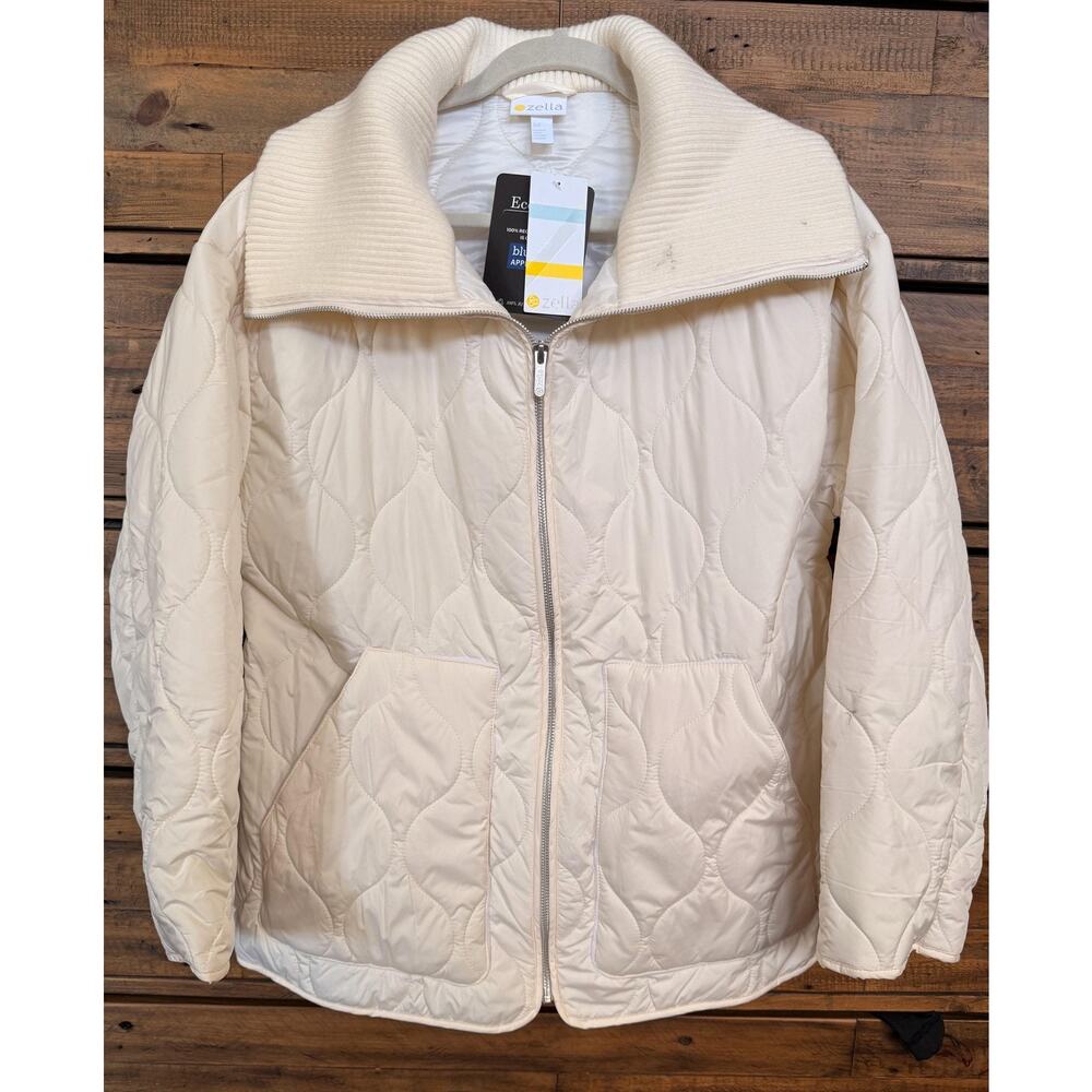 Zella Jacket Womens Medium Ivory Quilted Water Resistant Rib Collar Zip Puffer